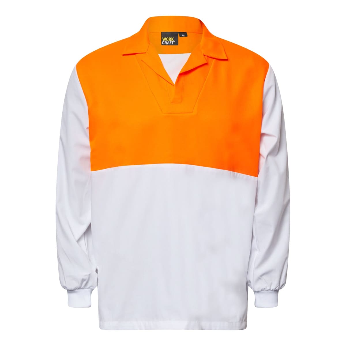 Long-sleeved shirt with an orange upper half and white lower half. The collar matches the orange, and the shirt has cuffs. A small label inside reads Work Craft.
