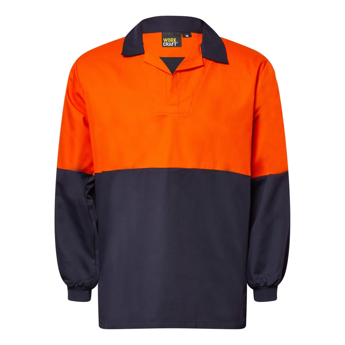 A long-sleeved, two-tone pullover shirt with an orange top half and navy blue bottom half. The shirt has a collar and an elastic cuff design. The brushed drill fabric offers a functional and durable style.