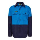 A two-toned long-sleeve work shirt with a bright blue upper section and dark navy lower section. It features a button-up design and two chest pockets with flaps. A small black and yellow rectangular label is visible on the left chest pocket.
