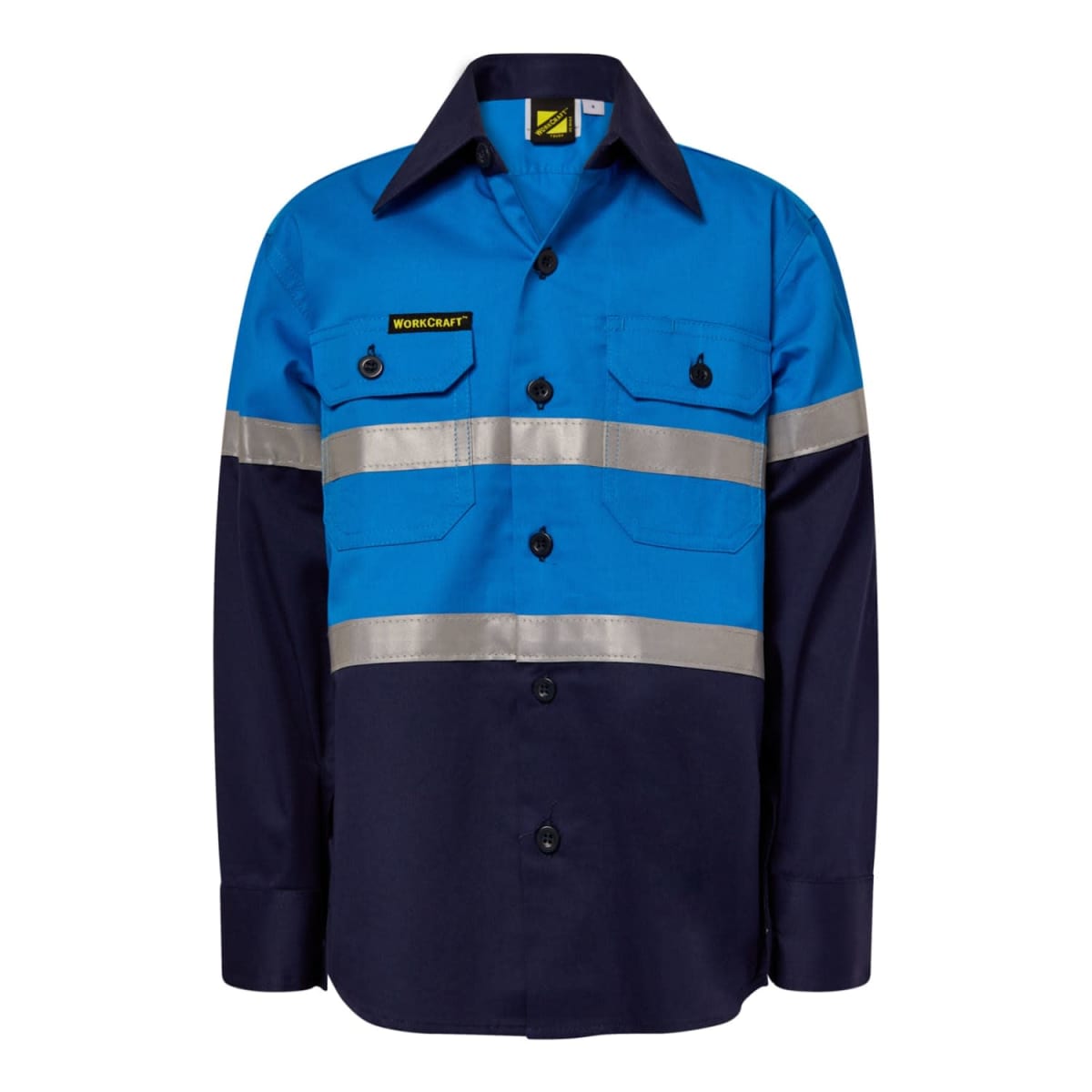 A blue and dark navy work shirt with reflective grey stripes across the chest and arms. The shirt has a button-down front and two chest pockets with buttoned flaps.