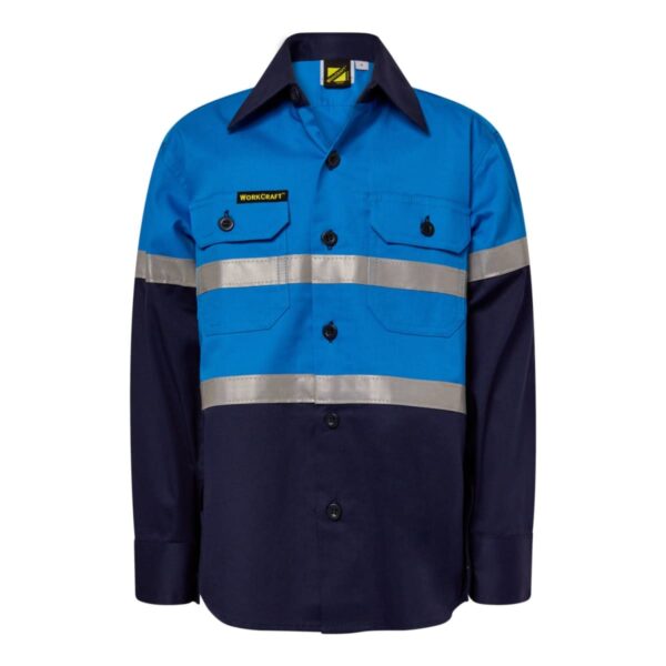 Blue and navy high-visibility work shirt with reflective silver bands across the chest and arms. It features a collar, buttoned front, and two buttoned chest pockets.