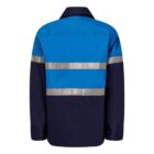 A blue and dark navy jacket with reflective silver stripes across the back and sleeves. It features a collar and buttoned cuffs, providing a blend of style and visibility.
