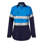 Long-sleeved, collared work shirt with blue and navy color blocks. Features high-visibility reflective stripes across the chest and arms, button-down front, and two chest pockets.