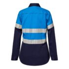 Back view of a long-sleeve, button-up shirt. The upper section is bright blue, while the lower part and sleeves are dark blue. Two reflective horizontal bands encircle the torso. The shirt has a collar and cuffed sleeves.