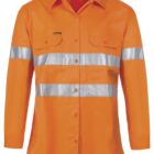 Orange safety shirt with reflective stripes and button closure.
