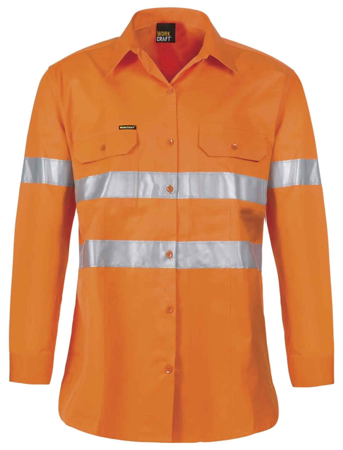 Orange safety shirt with reflective stripes and button closure.