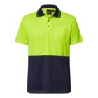 Bright yellow and navy blue short sleeve polo shirt with a chest pocket.