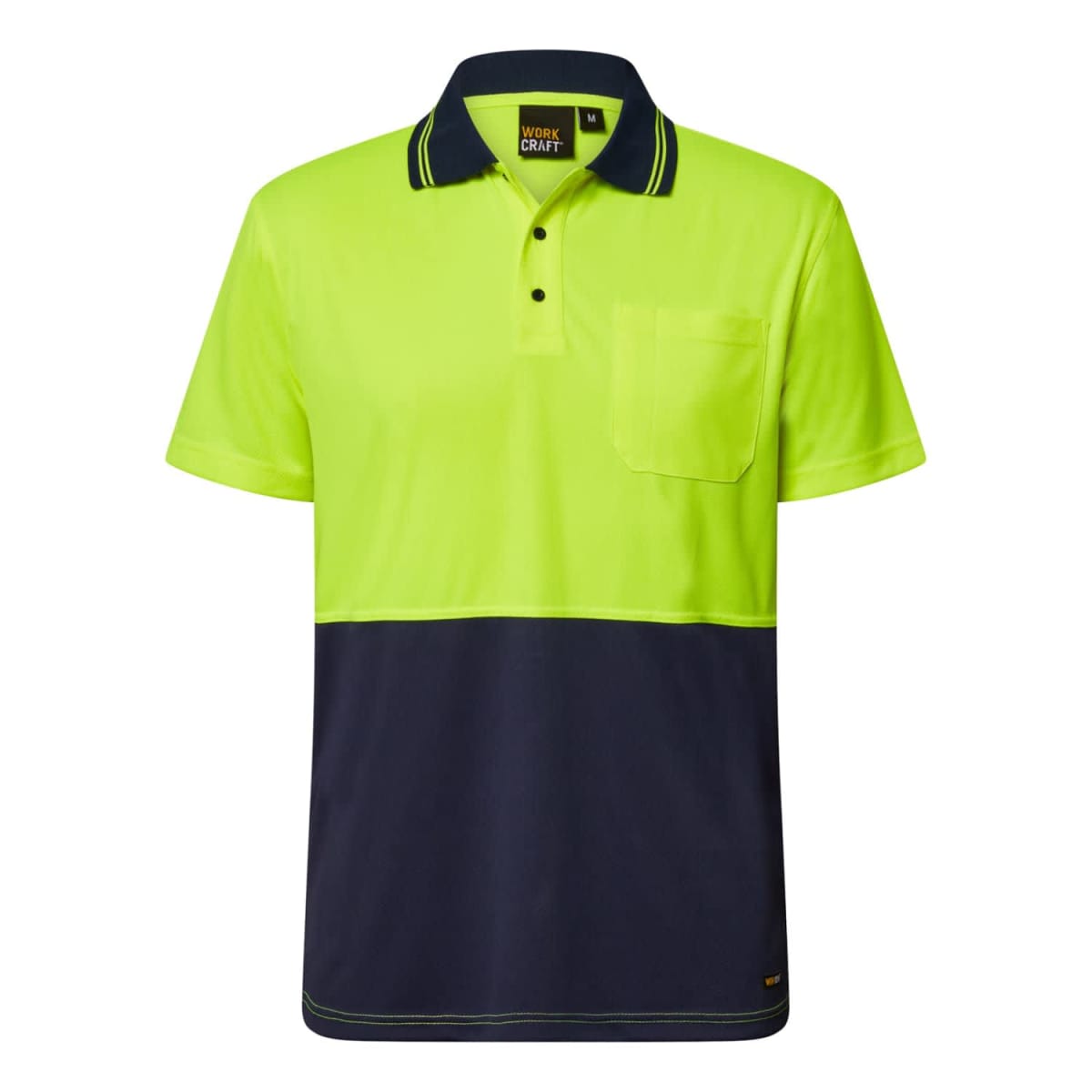 Bright yellow and navy blue short sleeve polo shirt with a chest pocket.