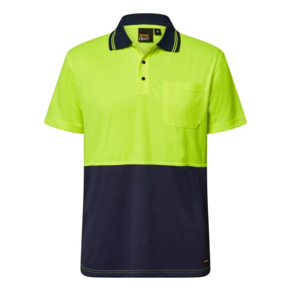 High-visibility yellow and navy short-sleeve polo shirt with a chest pocket.