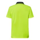 Back view of a bright yellow-green polo shirt with a dark collar.