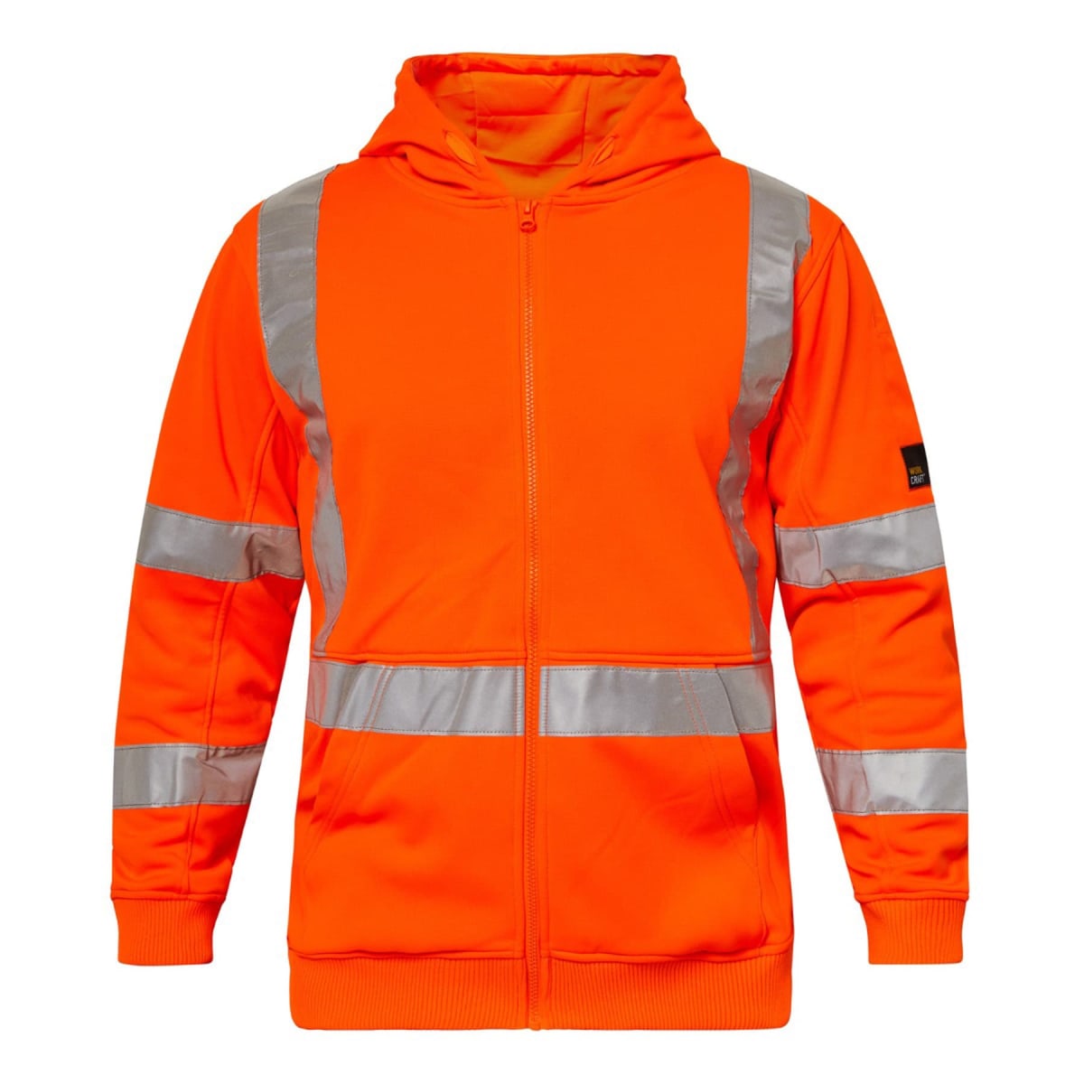 Bright orange high-visibility jacket with reflective silver stripes on the chest, arms, and waist. It has a front zipper, long sleeves with ribbed cuffs, and a hood. The jacket is designed for safety and visibility.