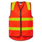 An orange safety vest with a front zipper features reflective yellow-green stripes running horizontally and vertically. The vest is designed for high visibility, likely used for safety in construction or traffic-related activities.