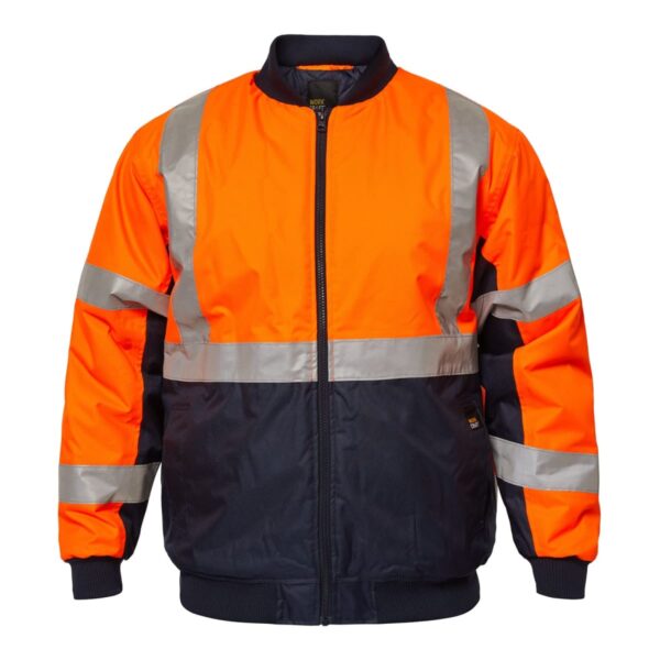 Bright orange and black high-visibility jacket with reflective silver bands on the chest, sleeves, and back. It features a zippered front, black cuffs, and a black waistband.