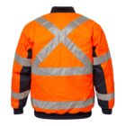 High-visibility safety jacket in bright orange with reflective silver strips. The back features an X and horizontal bands. The jacket has black panels on the lower sleeves and a black collar and waistband.