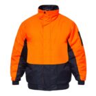 Bright orange jacket with a high collar and black accents on the bottom, shoulders, and cuffs. Features include a full front zipper and pockets on the sides and sleeves. The design is practical and suitable for outdoor activities.