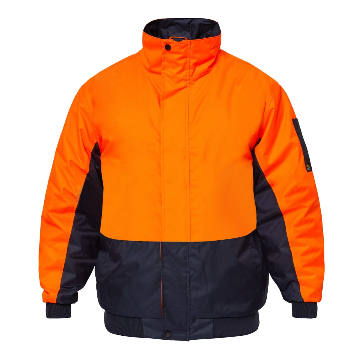 Bright orange jacket with a high collar and black accents on the bottom, shoulders, and cuffs. Features include a full front zipper and pockets on the sides and sleeves. The design is practical and suitable for outdoor activities.