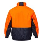 Bright orange and black jacket seen from the back. The jacket features a high collar and a color-block design, with the upper part in orange and the lower part in black. It has long sleeves and a ribbed hem.