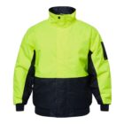 A high-visibility jacket with bright yellow and black color blocking. The jacket features a stand-up collar, zip closure, and black accents on the shoulders and lower half, with ribbed cuffs and a sleeve pocket.