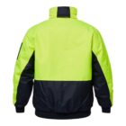 A two-toned jacket with a bright yellow upper section and a dark navy lower section. It features a high collar, long sleeves, and ribbed cuffs and hem. The back view is shown with color blocking.