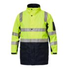 A high-visibility jacket with neon yellow and black colors. It features reflective silver stripes across the chest, back, and sleeves, with black lower sections and a high collar.