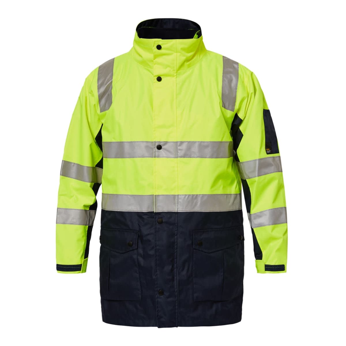 A high-visibility jacket with neon yellow and black colors. It features reflective silver stripes across the chest, back, and sleeves, with black lower sections and a high collar.