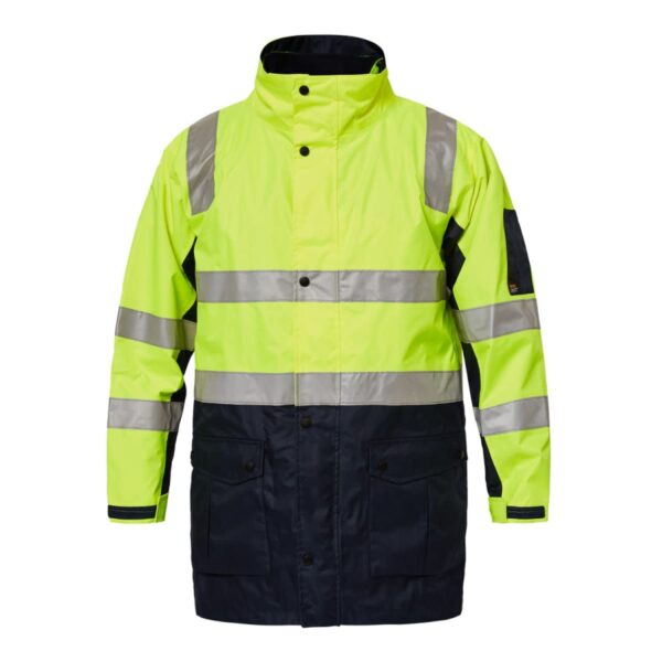 A high-visibility jacket with a bright yellow upper section and dark blue lower section. It features reflective silver horizontal stripes on the chest and arms, long sleeves, and front button closures.