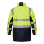 Rear view of a high-visibility safety jacket with lime green and dark navy colors, featuring reflective gray stripes on the sleeves and torso. The jacket has a high collar and long sleeves, designed for enhanced visibility and protection.