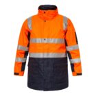 An orange high-visibility jacket with reflective silver stripes across the chest and arms. The jacket has a navy blue lower section and two front pockets. Its high collar and snap buttons are visible.