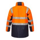 A bright orange and black high-visibility jacket with reflective silver stripes on the sleeves and body. The jacket features a high collar and is seen from the back.