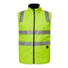 Bright yellow safety vest with black zipper and two horizontal reflective bands across the torso. There are additional reflective bands over the shoulders, and a small black tag near the bottom. The collar is high and black. No sleeves are attached.