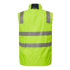 A high-visibility yellow safety vest viewed from the back, featuring two horizontal reflective stripes and vertical reflective stripes on the shoulders.