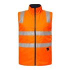 Bright orange safety vest with two horizontal and two vertical reflective silver stripes. Front zipper closure.