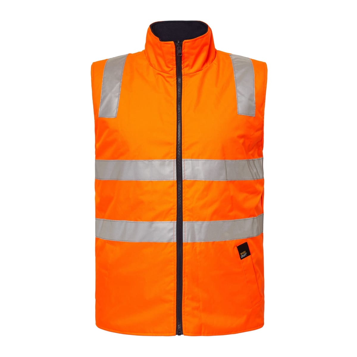 Bright orange safety vest with two horizontal and two vertical reflective silver stripes. Front zipper closure.