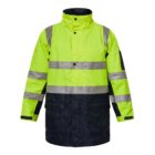 A high-visibility safety jacket with bright yellow and dark navy sections. It features reflective silver stripes across the chest, arms, and waist, and has multiple pockets and a front button closure.