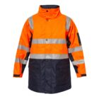 Bright orange and navy blue high-visibility jacket with reflective silver bands across the chest, arms, and lower body. The jacket features a high collar, button-down front, and front pockets.