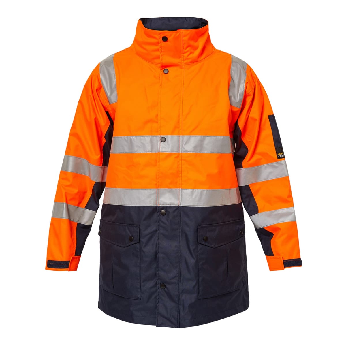 Bright orange and navy blue high-visibility jacket with reflective silver bands across the chest, arms, and lower body. The jacket features a high collar, button-down front, and front pockets.
