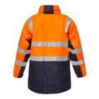Bright orange safety jacket with reflective silver stripes across the back, sleeves, and chest area. The lower section of the jacket is black. It has a high collar and appears to be waterproof.