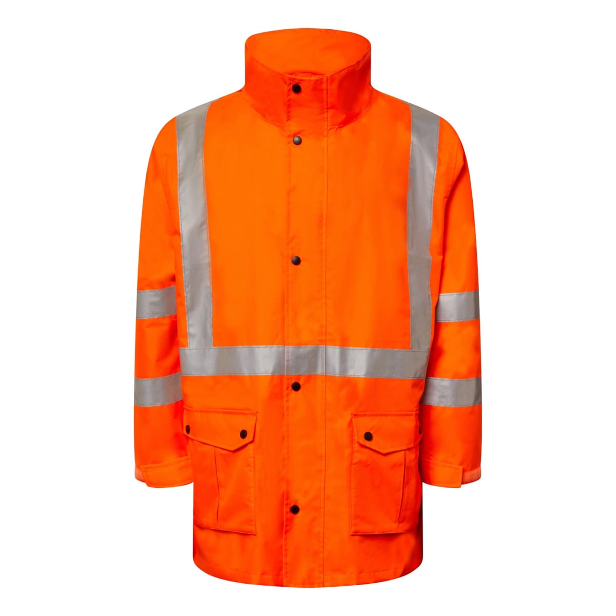 Orange high-visibility jacket with reflective silver stripes across the chest, arms, and back. It features a stand-up collar, black buttons, and two front pockets. The reflective material is designed for safety in low-light conditions.