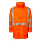 Bright orange high-visibility safety jacket with reflective silver strips on shoulders, chest, and arms. The jacket has a high collar, buttoned front, and two large pockets at the front.