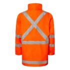 A bright orange safety jacket with silver reflective strips forming an X pattern on the back. The jacket also features horizontal reflective strips around the arms and waist, designed for high visibility.