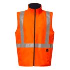 Bright orange reflective safety vest with silver horizontal and vertical stripes. Features a zipper in the front and a high collar. Ideal for visibility in work or outdoor settings.