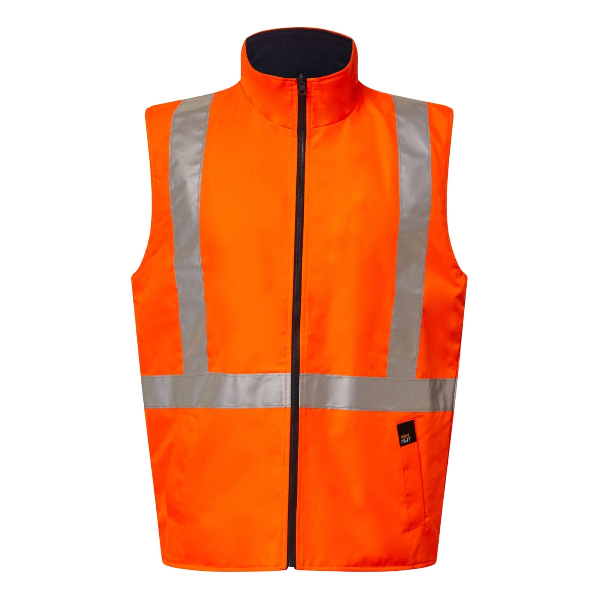 Bright orange reflective safety vest with silver horizontal and vertical stripes. Features a zipper in the front and a high collar. Ideal for visibility in work or outdoor settings.