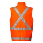 A bright orange safety vest with reflective silver strips in an X pattern on the back, shown against a plain white background. The design includes a high collar for added visibility.