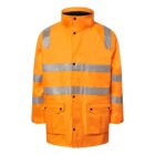 Bright orange safety jacket with silver reflective stripes on the chest, arms, and shoulders. The jacket has a high collar, button-down front, and two large front pockets. Suitable for high-visibility work environments.