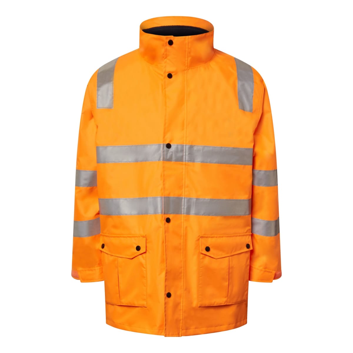 Bright orange high-visibility safety jacket with reflective silver stripes on the torso and arms. It has a high collar, button front, and two pockets at the waist.
