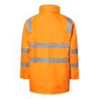Back view of a bright orange high-visibility jacket with reflective silver strips across the chest, back, and arms. The jacket has long sleeves and a high collar, designed for safety and visibility.