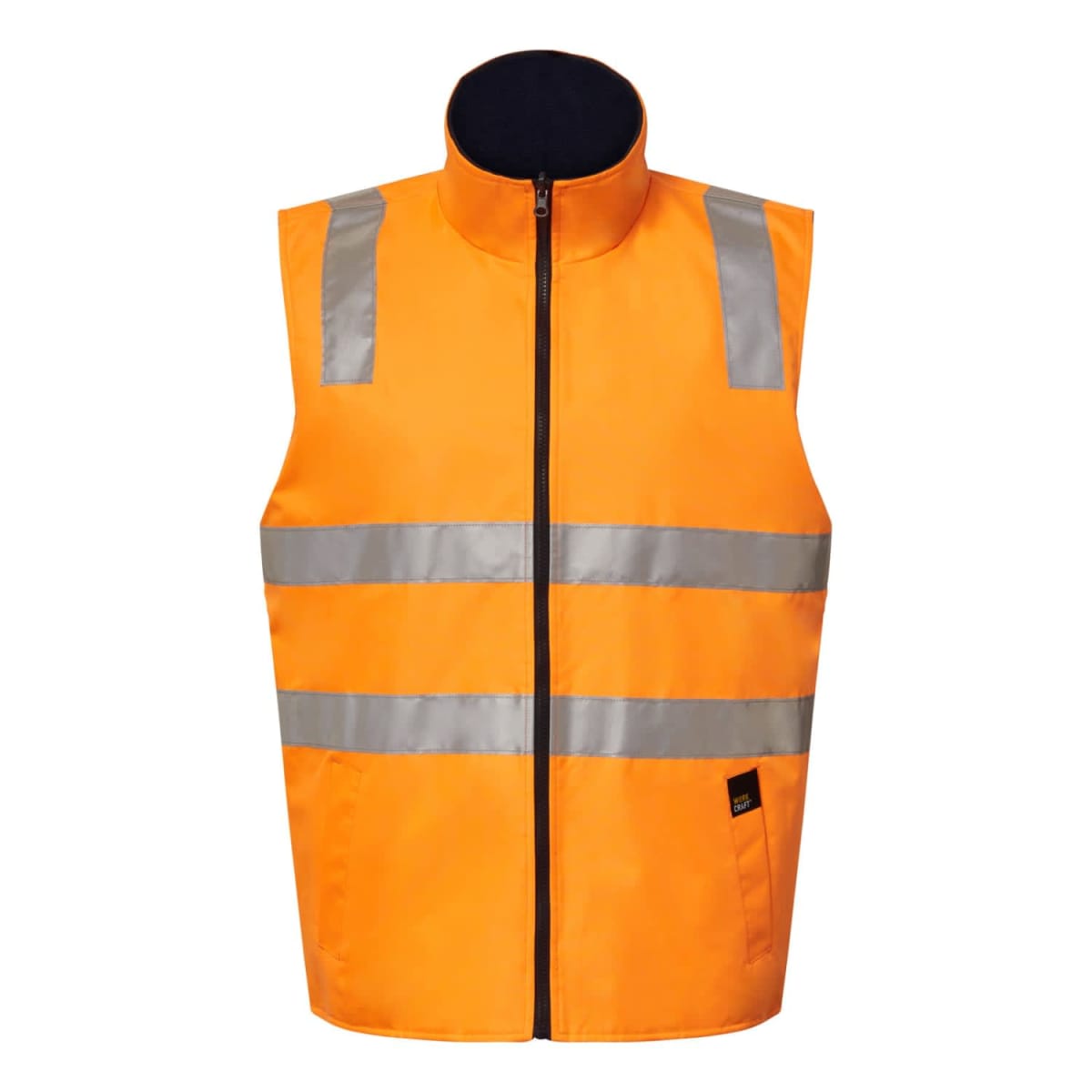 Bright orange high-visibility safety vest with reflective silver strips across the chest, waist, and over the shoulders. It has a zippered front and a black collar.