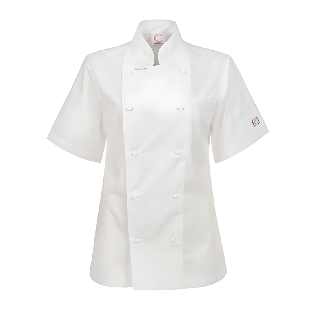 Zurie Executive Chef Jacket: lightweight, white, short-sleeve, double-breasted design.