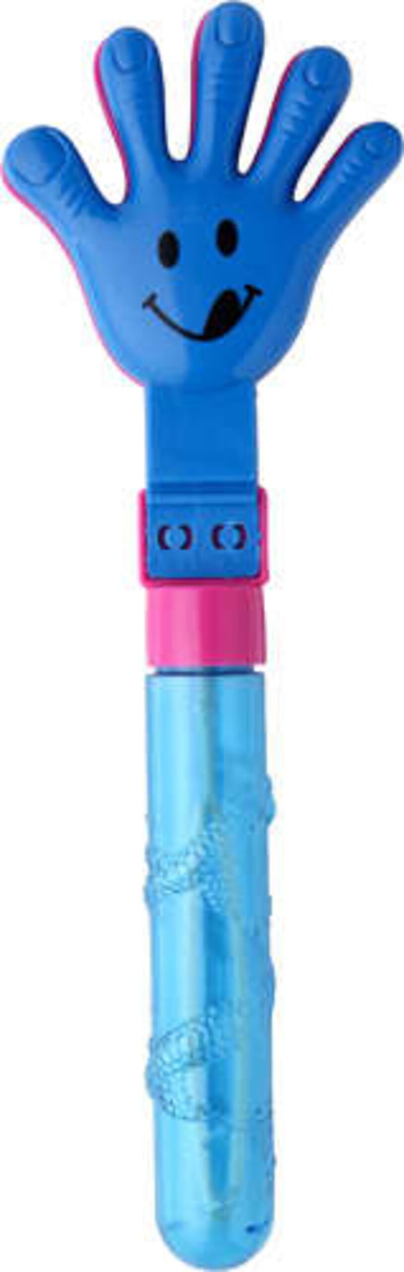 Blue hand-shaped clapper with a happy face and pink details. The handle is light blue with textured patterns.