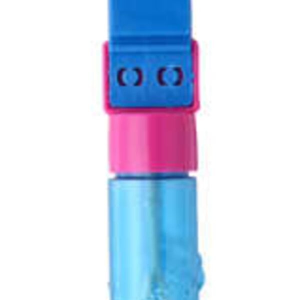 A colorful hand clapper toy featuring a blue hand with a smiling face. It has a pink connector and a shiny blue handle, designed for making noise when shaken.